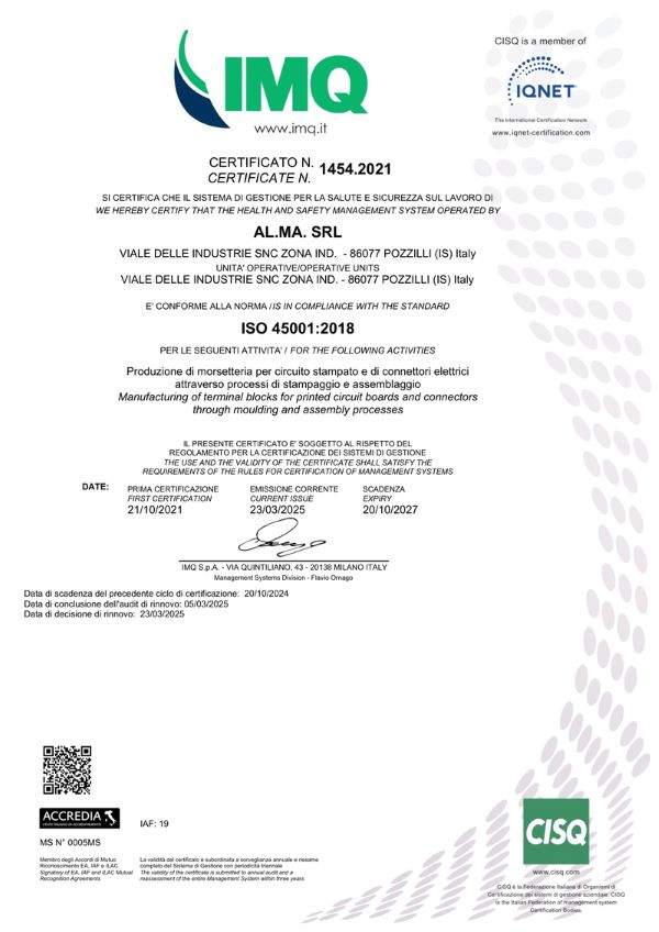 Sistema di gestione per la salute e sicurezza sul lavoro certificato IMQ secondo UNI ISO 45001:2018